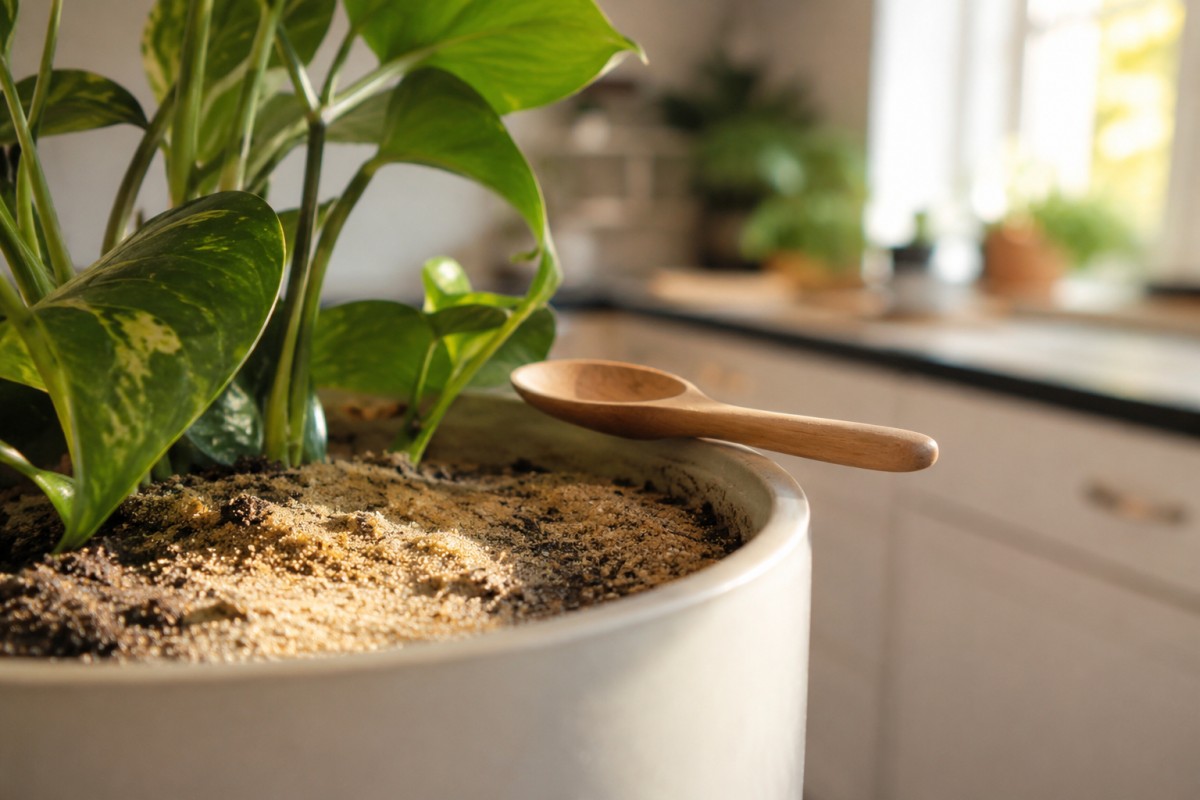 Strato sottile di sabbia fine sulla superficie del terriccio di un pothos