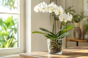 Orchidea Phalaenopsis con radici argentee visibili nel vaso trasparente