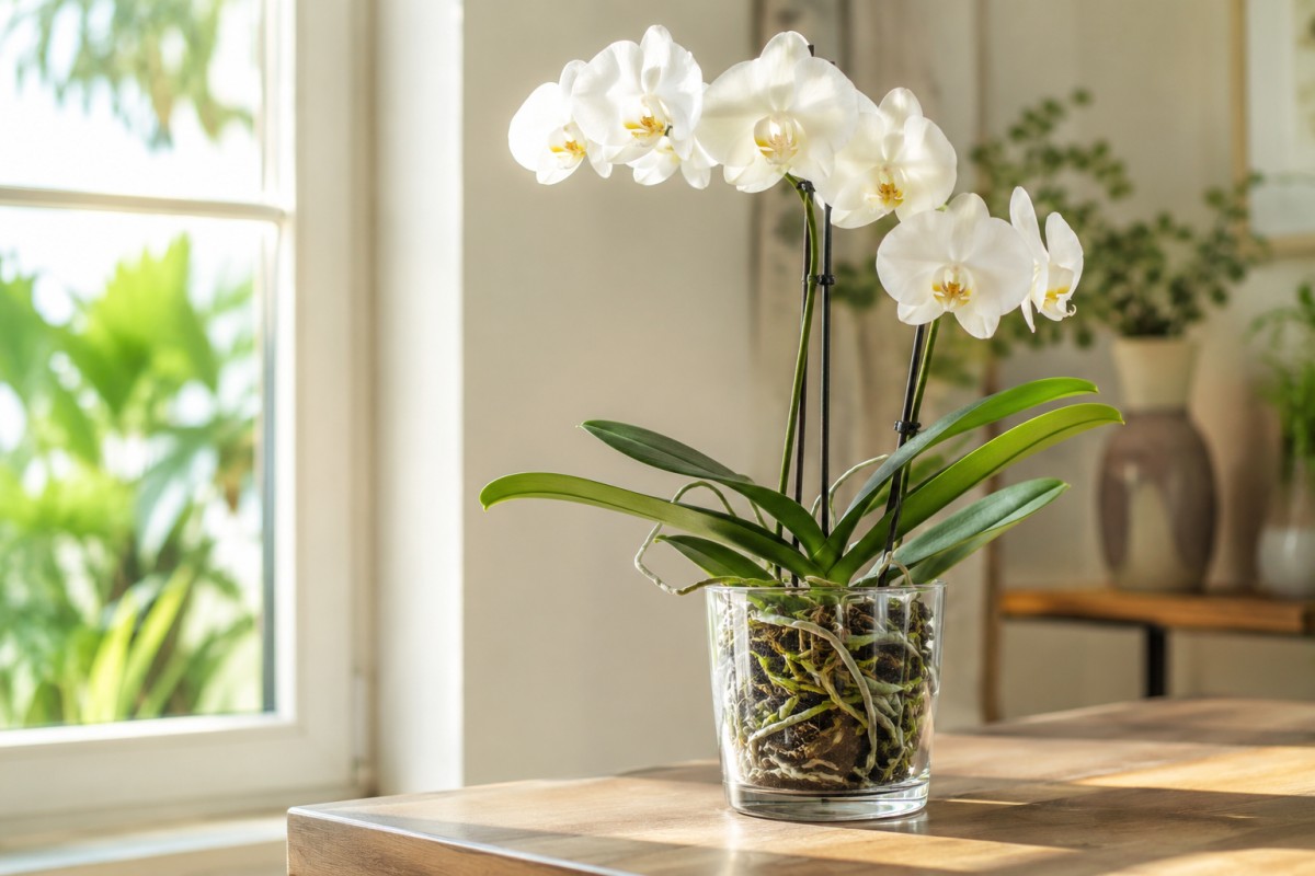 Orchidea Phalaenopsis in vaso trasparente con radici argento e verdi vicino alla finestra