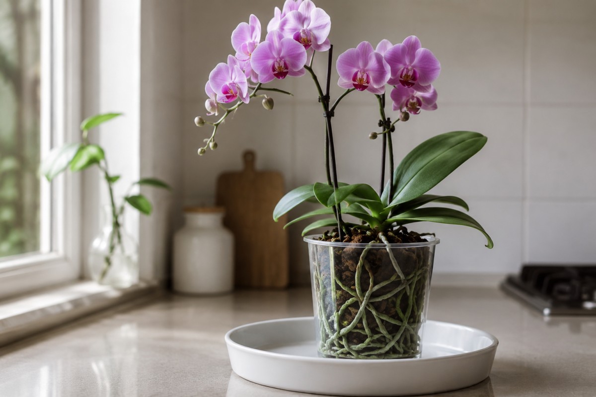 Orchidea pronta per una bagnatura controllata in bacinella poco profonda