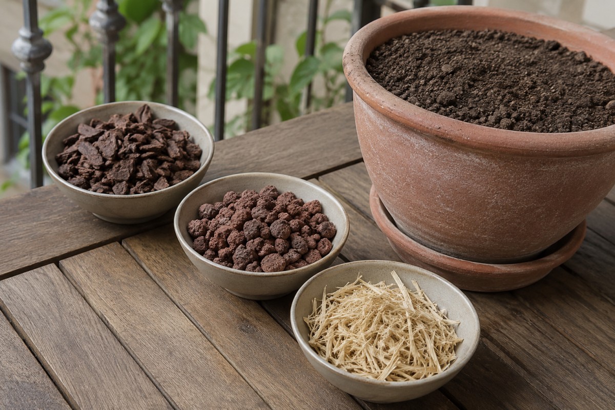 Materiali per pacciamatura in vaso con corteccia fine, lapillo e paglia pulita