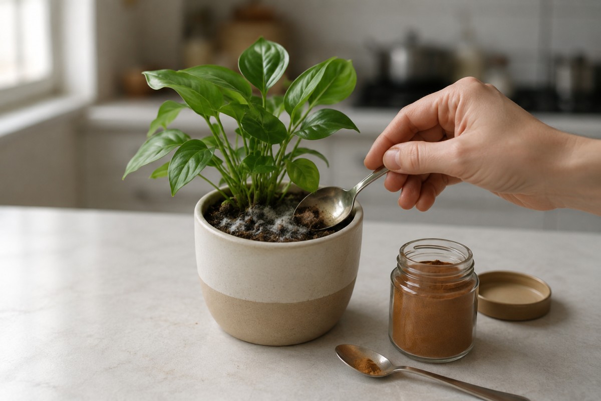 Cannella e vaso con muffa superficiale sul terriccio