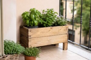Cassetta di legno recuperata trasformata in portapiante per aromatiche sul balcone