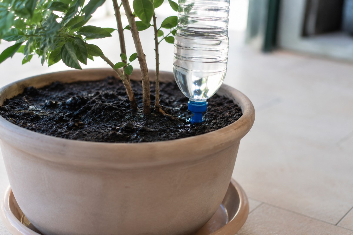 Test della bottiglia irrigante in un vaso prima della partenza