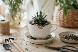 Tazza sbeccata trasformata in vaso per una piccola succulenta