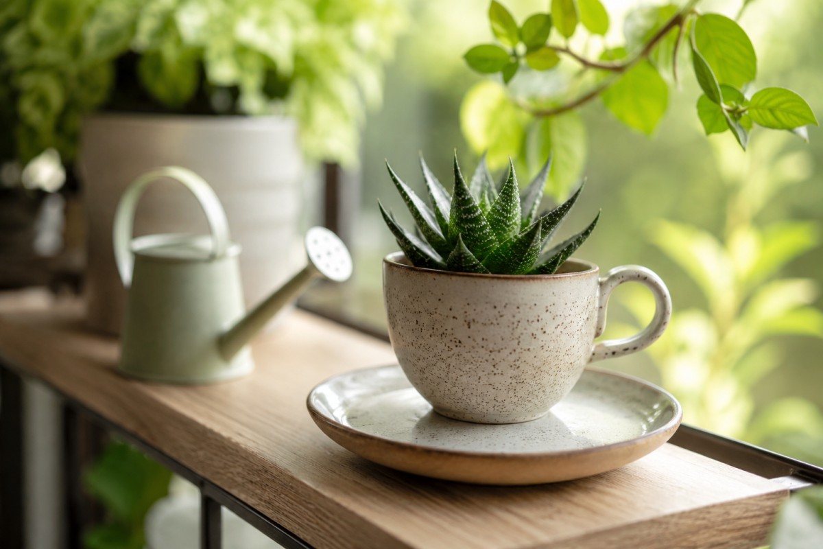 Piccola succulenta in tazza riciclata su mensola luminosa