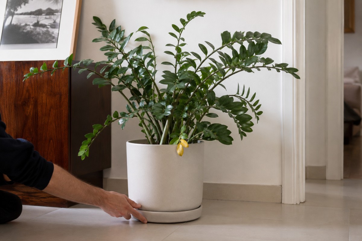 Zamioculcas con fusti molli in vaso durante un controllo estivo