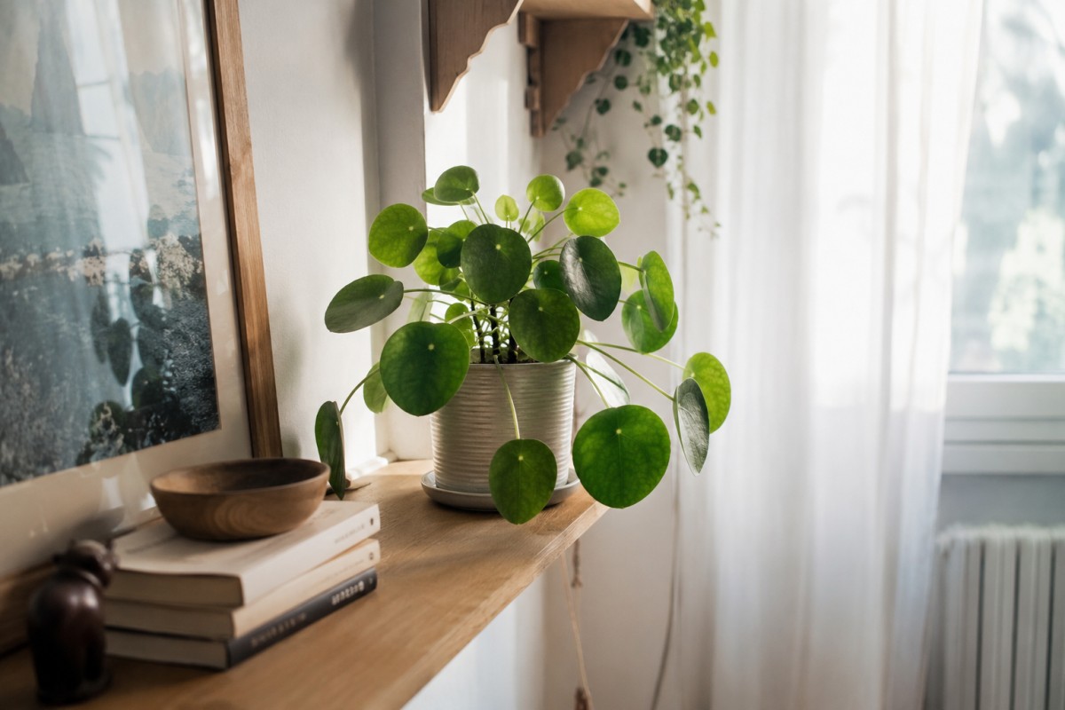 Pilea sistemata in luce filtrata e ruotata per crescere uniforme